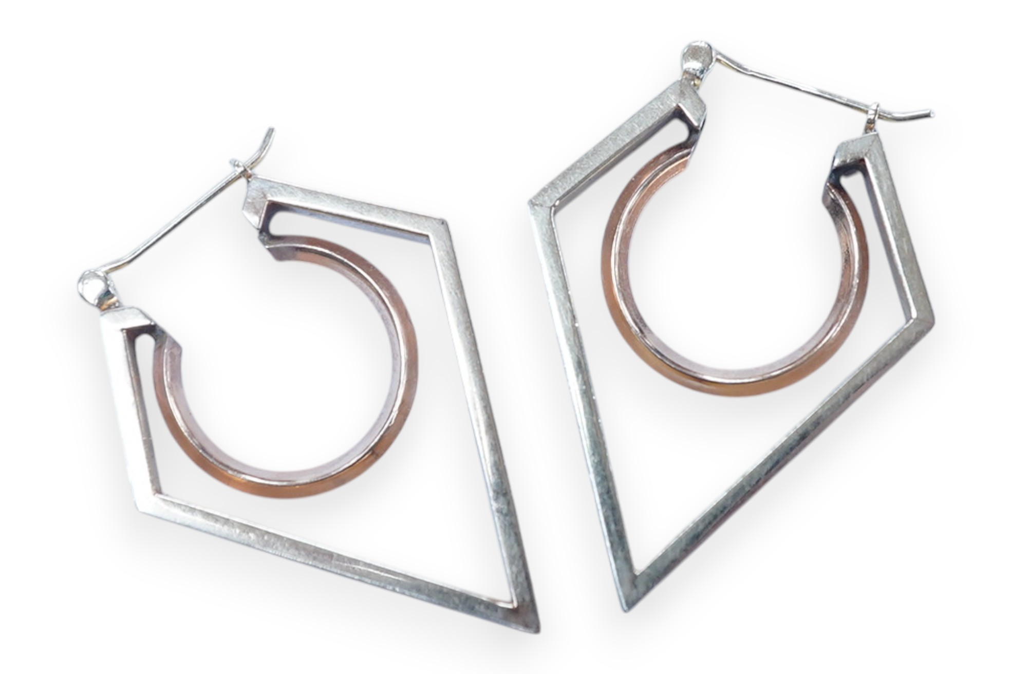 A modern pair of two colour yellow metal geometric earrings, 38mm, 5.7 grams. Condition - fair to good